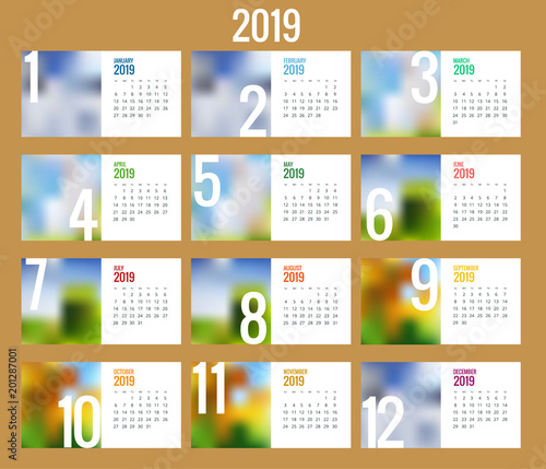 Vector Calendar for 2019 year. Vector design print template with place for photo. Set of 12 calendar pages. Stationery design