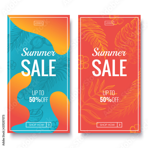 Summer sale banner template. Colorful banners with tropical palm leaves pattern. Summer promotion vertical coupon. Applicable for discount flyer, roll up, poster. Vector illustration.