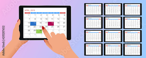 Vector Calendar for 2019 year. Hand with a smartphone with a calendar, one month plans. Design print template. Set of 12 calendar pages.