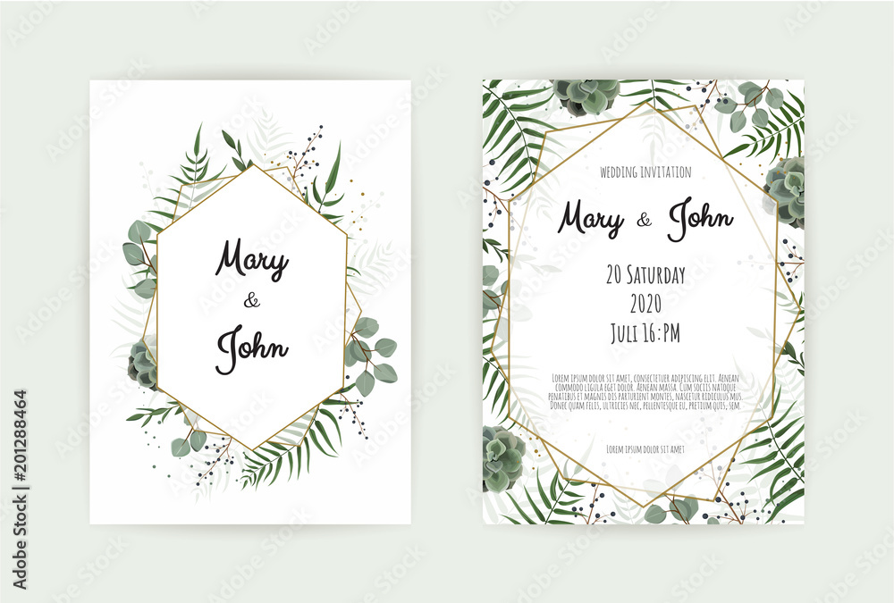 Obraz Natural botanical wedding invitation template. Vector floral design card. Geometrical golden frame, border with copy space.