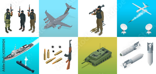 Isometric icons submarine, aircraft, soldiers. Set of military equipment flat high quality military vehicles transport.