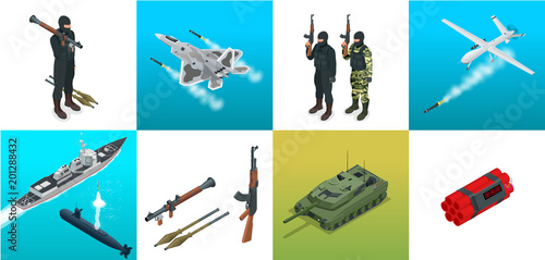 Isometric icons submarine, aircraft, soldiers. Set of military equipment flat high quality military vehicles transport.