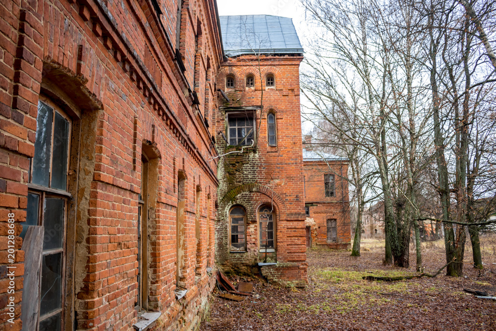 Abandoned Gurievskaya agricultural school. The building of the late 19th century. Village of Solovjinye Zori, Russia
