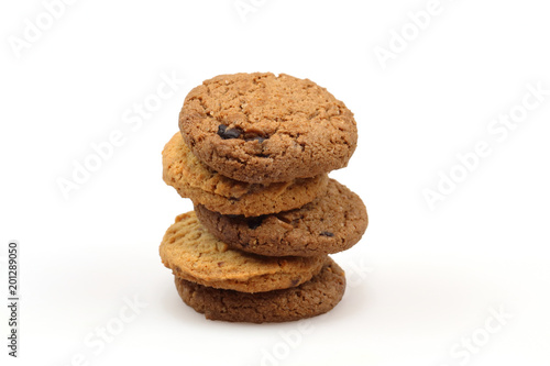 Chocolate chip cookies isolated on white background. Sweet biscuits.