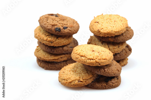 Chocolate chip cookies isolated on white background. Sweet biscuits.