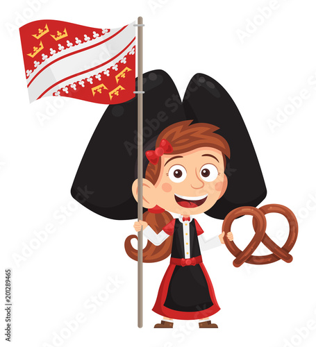 Petite fille alsacienne tenant le drapeau alsacien et un bretzel