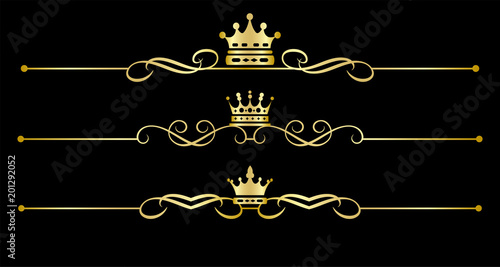 Golden elements on black background. Victorian Scrolls and crown in classic, vintage, retro, Royal style. Vector illustration for your design