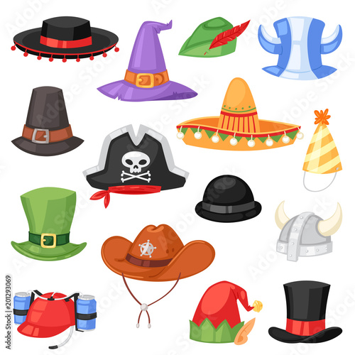 Cartoon hat vector comic cap for celebrating birthday party or Chrisrmas with headwear or head-dress illustration set of funny headgear cowboy pirate or elf isolated on white background