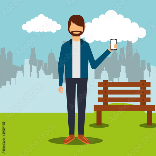 beard hispter man showing smartphone vector illustration
