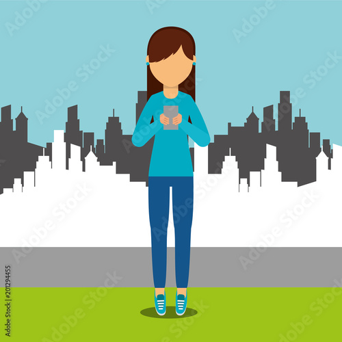 young woman stading mobile phone cityscape vector illustration