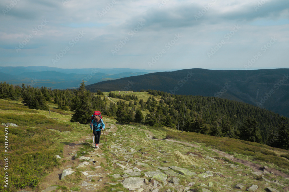 female hiker walking on a trail on highlands, jeseniky mountains, czech republic