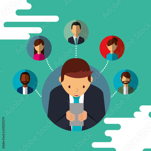 business man typing smartphone social media contacts people vector illustration