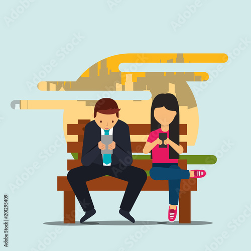 businessman and woman with smartphones sitting on bench vector illustration