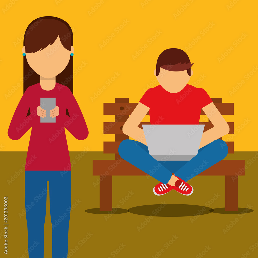 woman holding smartphone young man sitting on bench with laptop vector illustration