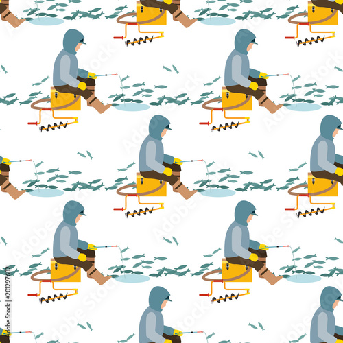 Fishing fishermen vector catches fish fisher threw rod into water catch and spin, man pulls net out of the river character seamless pattern background illustration