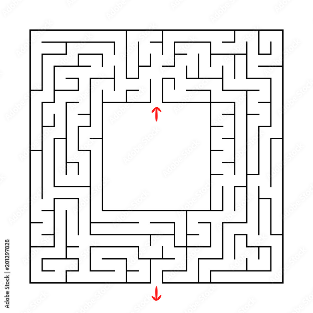 A square labyrinth with an entrance and an exit. Simple flat vector illustration isolated on white background. With a place for your image A square labyrinth with an entrance and an exit. Simple flat vector illustration isolated on white background. With a place for your image