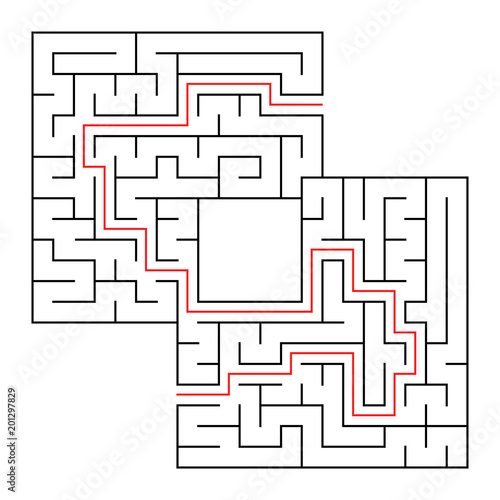 A square labyrinth with an entrance and an exit. Simple flat vector isolated illustration. With a place for your drawings. With the answer.