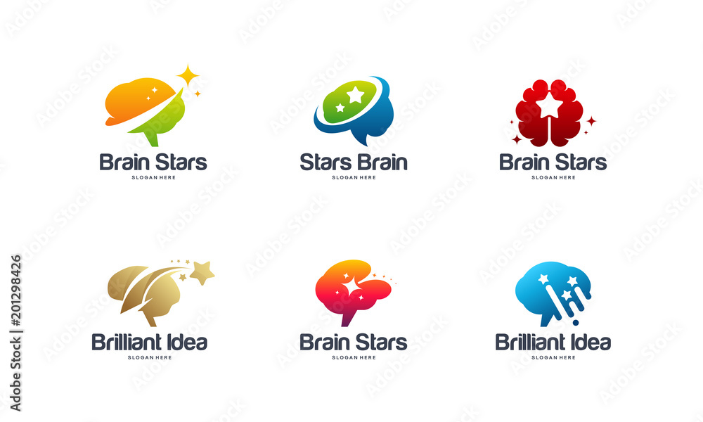Collection of Brain Stars logo designs concept vector, Brilliant and Brain logo template designs