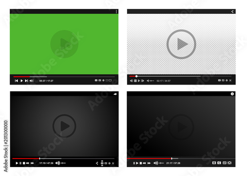 Set of modern video players. Flat design template for web and mobile apps. All elements are conveniently grouped. Vector illustration. Isolated on white background