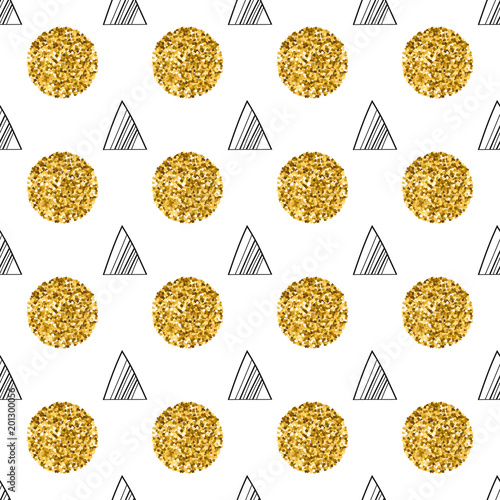 Triangles and golden circles, sequins. Seamless pattern. Geometric, abstract background. Doodle shapes.