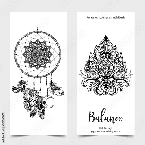 Stretch and Strength. Yoga card design template. Black and white banner for spiritual retreat or yoga studio. Ornamental business cards, oriental pattern.