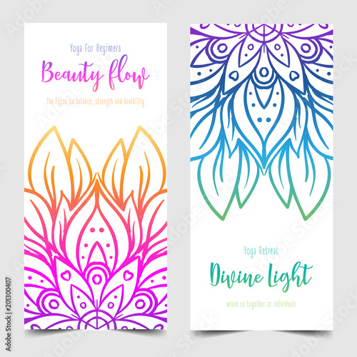 Stretch and Strength. Yoga card design. Colorful template for spiritual retreat or yoga studio. Ornamental business cards, oriental pattern.