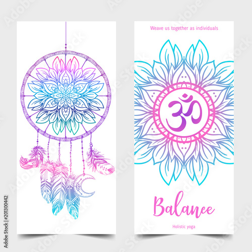 Stretch and Strength. Yoga card design. Colorful template for spiritual retreat or yoga studio. Ornamental business cards, oriental pattern.