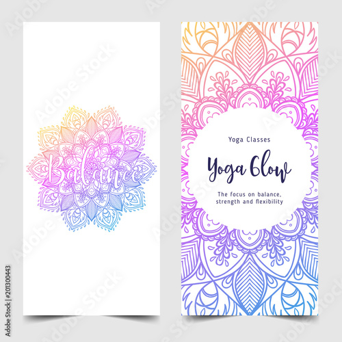 Stretch and Strength. Yoga card design. Colorful template for spiritual retreat or yoga studio. Ornamental business cards, oriental pattern.