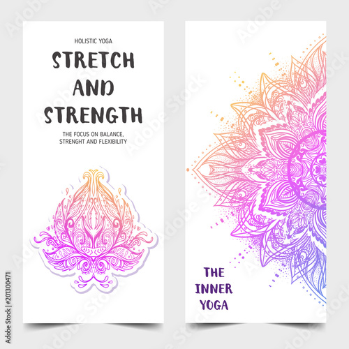 Stretch and Strength. Yoga card design. Colorful template for spiritual retreat or yoga studio. Ornamental business cards, oriental pattern.