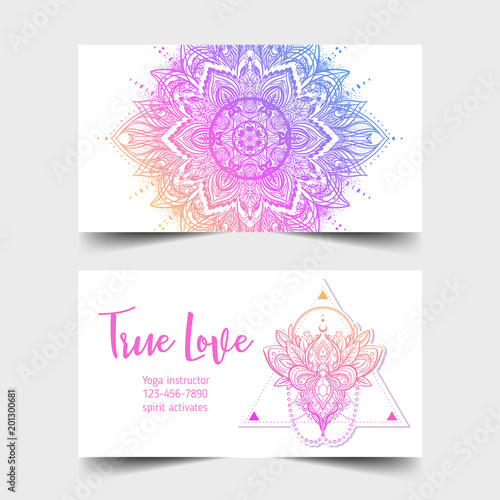 True Love. Yoga studio card design. Colorful template for spiritual retreat or pilates studio. Ornamental banners, oriental pattern over white background.