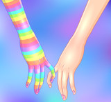 Two women holding hands isolated on white. One hand with rainbow stripes. Lesbian couple. Vector illustration. Valentine's Day design. LGBT sign for textiles and fabrics, t-shirts,  stickers.