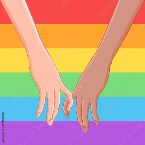 Two women holding hands over gay community rainbow colored flag. Lesbian couple. Vector illustration. Valentine's Day card design. LGBT sign for textiles and fabrics