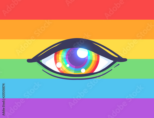 Rainbow colored eye. Flag of LGBT community inside eyeball. Vector illustration  for sticker, pin, poster, patch, t-shirt prints.