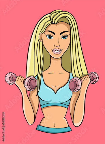 beautiful blonde doing fitness with dumbbells, vector illustration