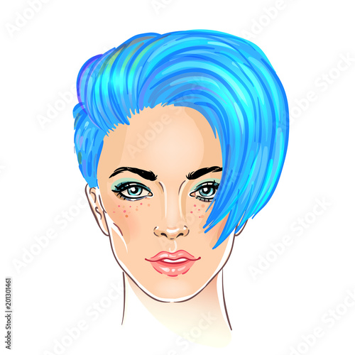 Portrait of a young pretty woman with short pixie cut. Purple hair. Vector illustration isolated on white. Hand drawn art of a modern girl. Modern street subculture