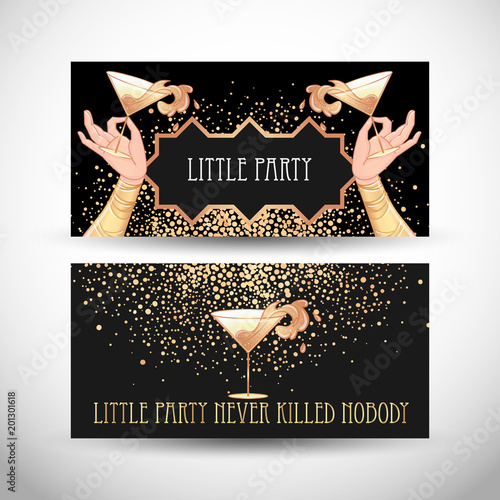 Female hand holding cocktail glass with  splash. Art deco (1920's style) vintage invitation template design for drink list, bar menu, glamour event, thematic wedding, jazz party flyer.