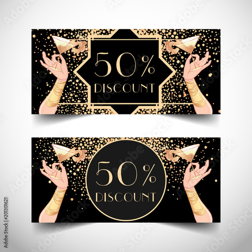 Female hand holding cocktail glass with  splash. Art deco (1920's style) vintage invitation template design for drink list, bar menu, glamour event, thematic wedding, jazz party flyer.