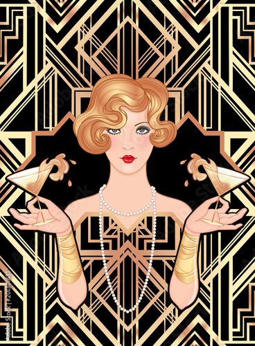 Female hand holding cocktail glass with  splash. Art deco (1920's style) vintage invitation template design for drink list, bar menu, glamour event, thematic wedding, jazz party flyer.