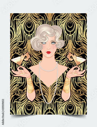 Female hand holding cocktail glass with  splash. Art deco (1920's style) vintage invitation template design for drink list, bar menu, glamour event, thematic wedding, jazz party flyer.