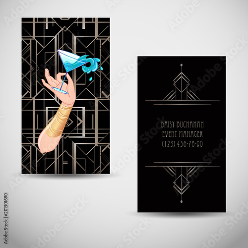 Female hand holding cocktail glass with  splash. Art deco (1920's style) vintage invitation template design for drink list, bar menu, glamour event, thematic wedding, jazz party flyer.