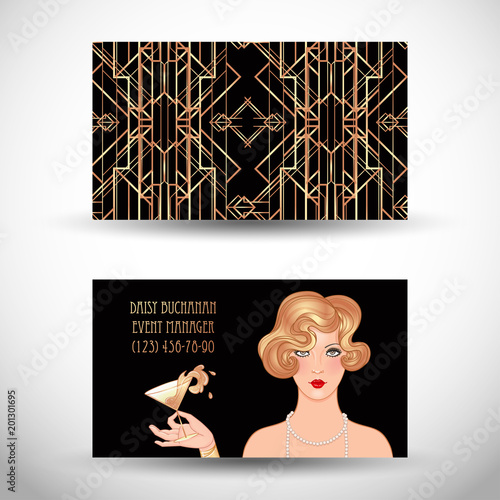 Female hand holding cocktail glass with  splash. Art deco (1920's style) vintage invitation template design for drink list, bar menu, glamour event, thematic wedding, jazz party flyer.