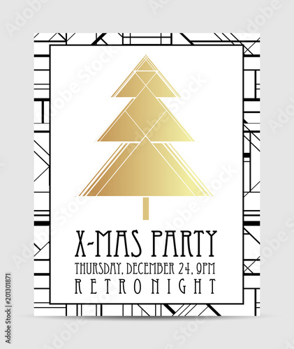 Art deco style Christmas greeting card template. Abstract vintage patterns and design elements. Retro party geometric background set (1920's style). Vector illustration