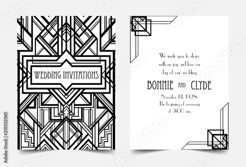 Art Deco vintage invitation template design. patterns and frames. Retro party geometric background set (1920's style). Vector illustration,  thematic wedding or jazz party.