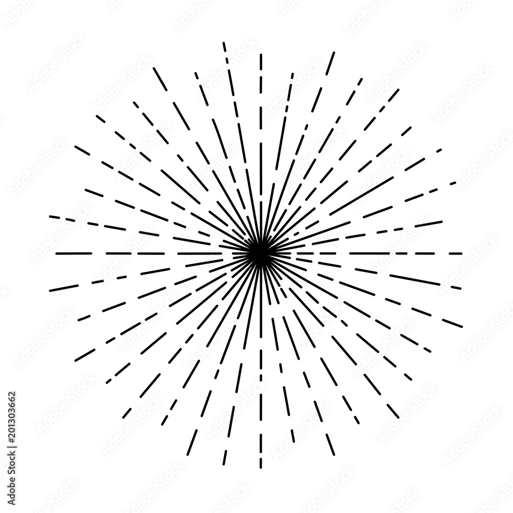 Obraz premium Outline drawing of rays of the sun in vintage style. Tattoo flesh design, yoga logo. Boho print, poster, t-shirt textile. Anti stress book. Isolated.