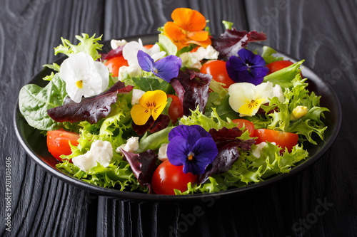 Beautiful healthy salad with edible flowers with fresh lettuce, spinach, tomatoes and cheese close-up. horizontal