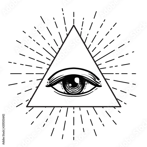 Tattoo flash. Eye of Providence. Masonic symbol. All seeing eye inside triangle pyramid. New World Order. Sacred geometry, religion, spirituality, occultism. Isolated illustration.
