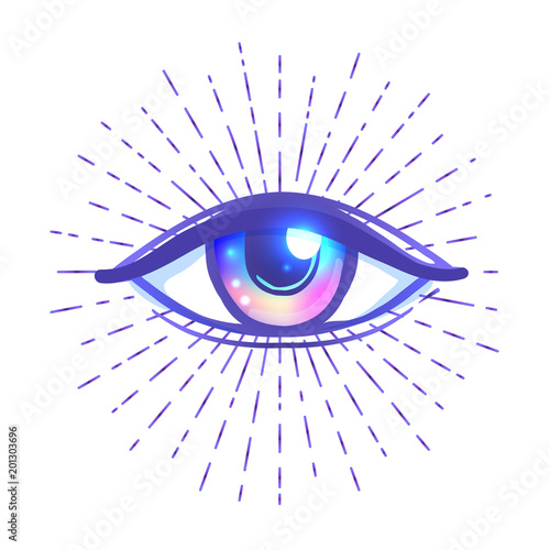 Tattoo flash. Eye of Providence. Masonic symbol. All seeing eye inside triangle pyramid. New World Order. Sacred geometry, religion, spirituality, occultism. Isolated illustration.