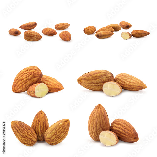 group of almonds isolated on a white background.