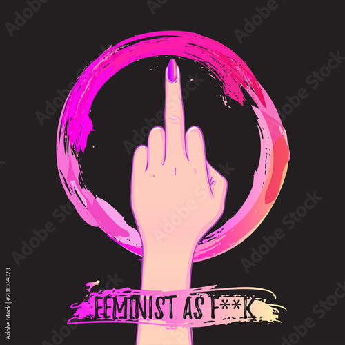 Women's March. Female hand with her fist raised up. Girl Power. Feminism concept. Realistic isolated vector illustration in pink hand drawn watercolor circle. Sticker