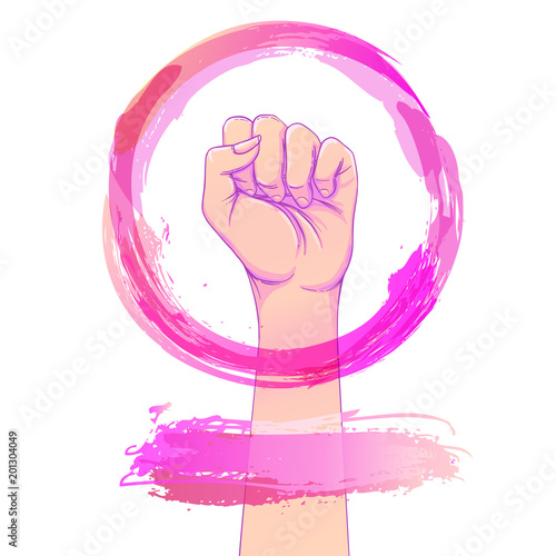 Women's March. Female hand with her fist raised up. Girl Power. Feminism concept. Realistic isolated vector illustration in pink hand drawn watercolor circle. Sticker